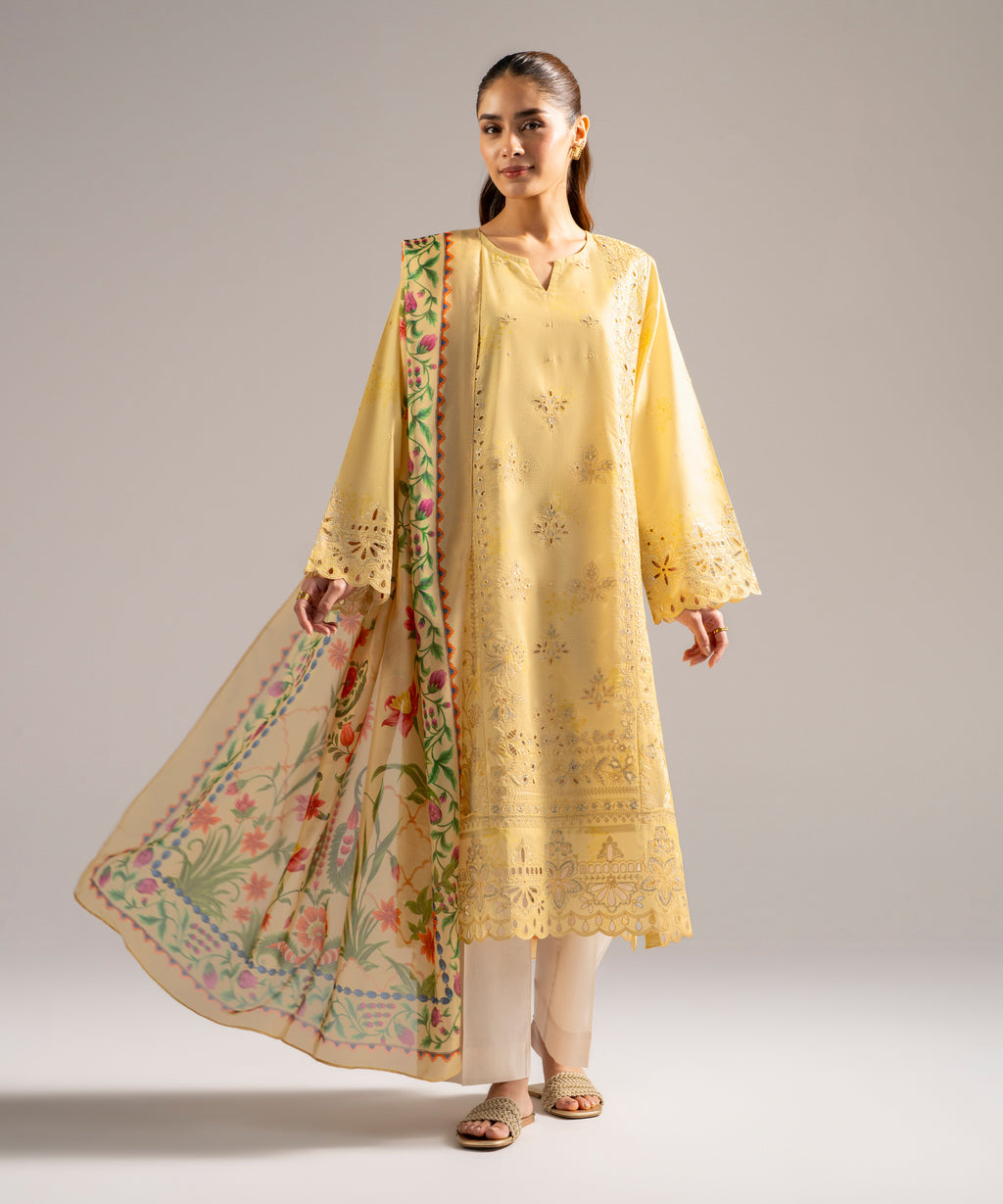 Women's RTW Zari Lawn Embroidered Pale Yellow 2 Piece Suit