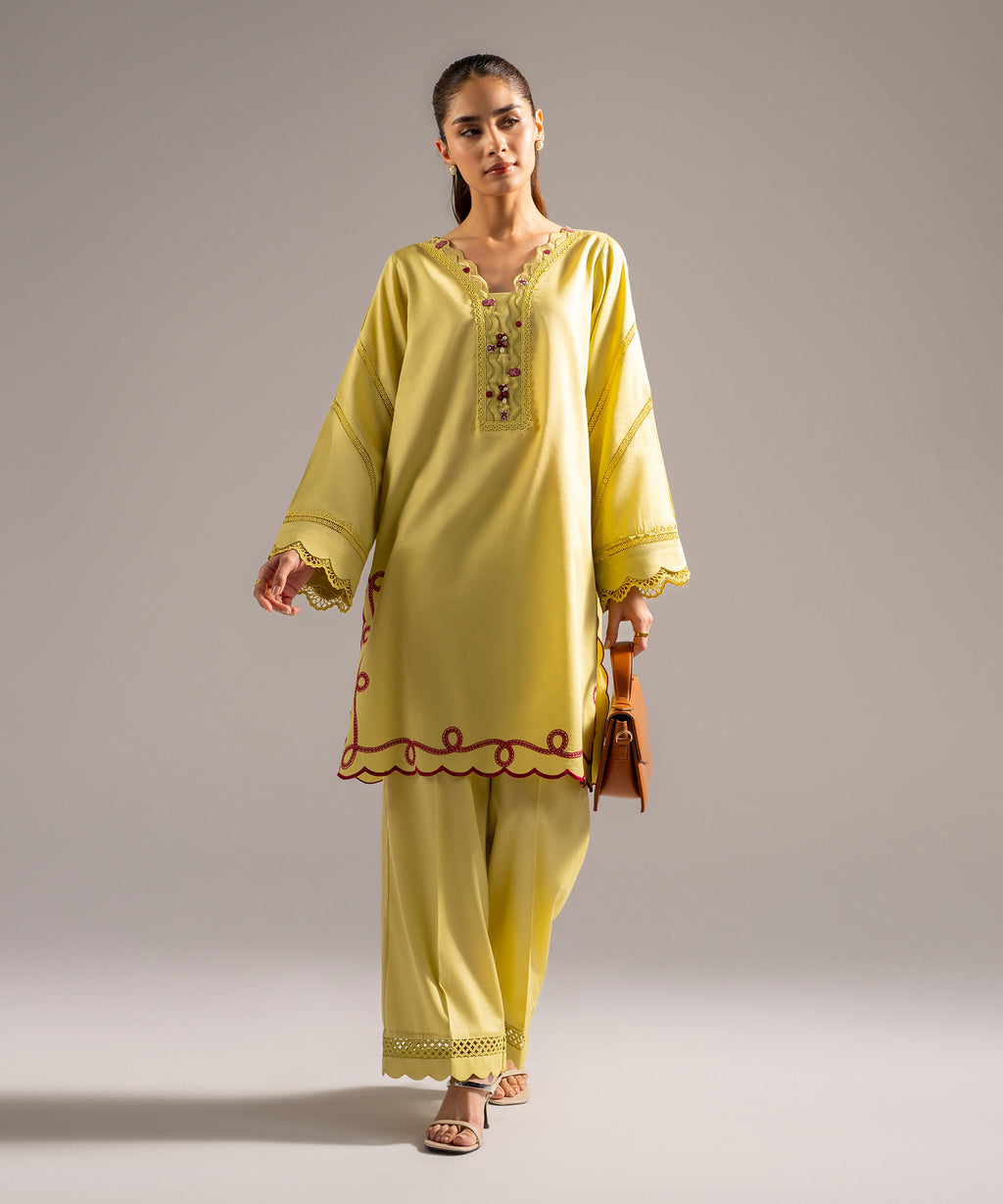 Women's RTW Cotton Satin Embroidered Lime Yellow 2 Piece Suit
