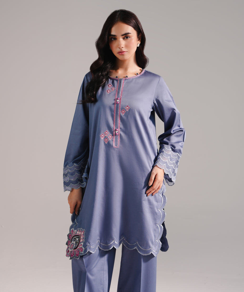 2 Piece - Embroidered Cotton Satin Suit