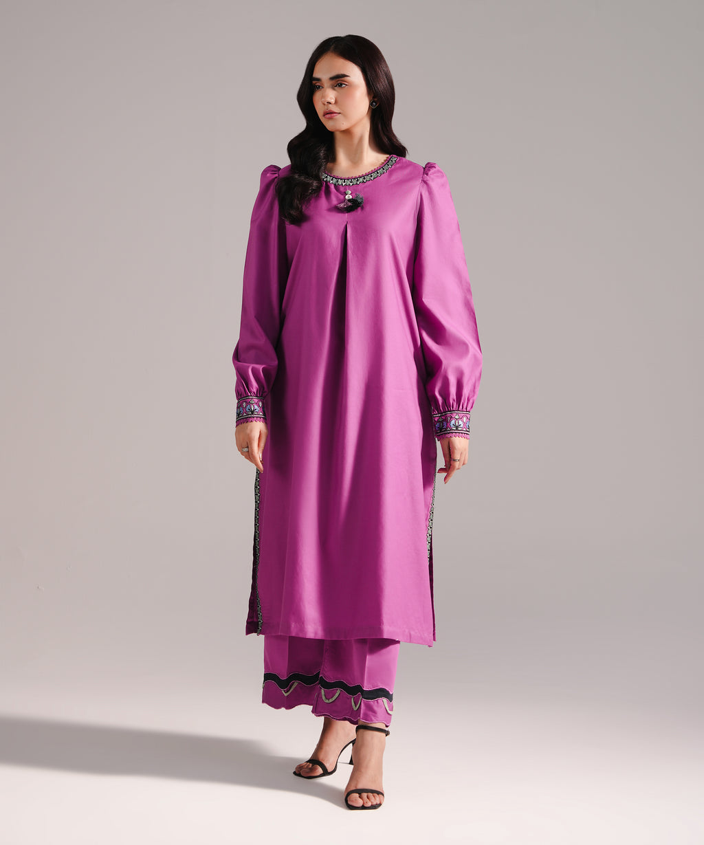 2 Piece - Embroidered Cotton Satin Suit