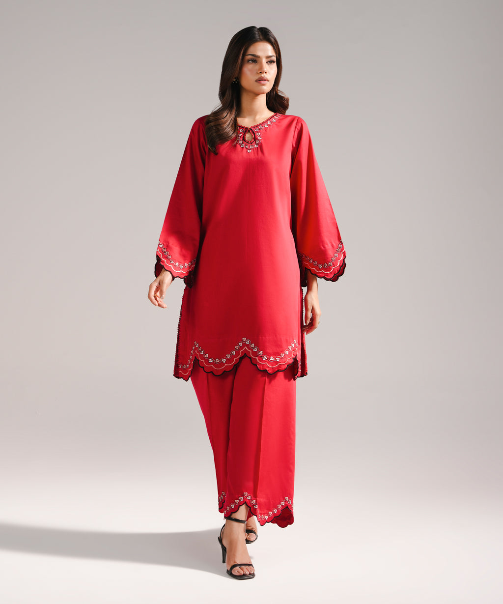 2 Piece - Embroidered Cotton Satin Suit