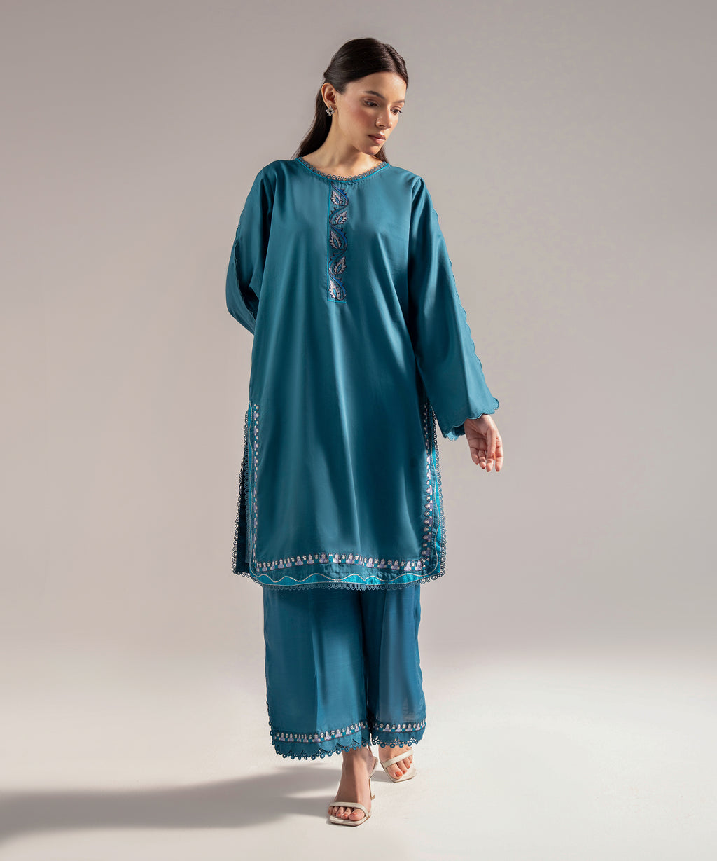2 Piece - Embroidered Cotton Satin Suit