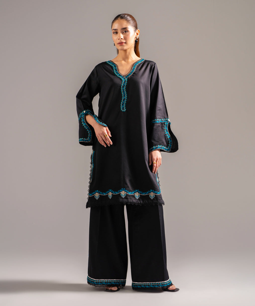 Women's RTW Cotton Satin Embroidered Black 2 Piece Suit