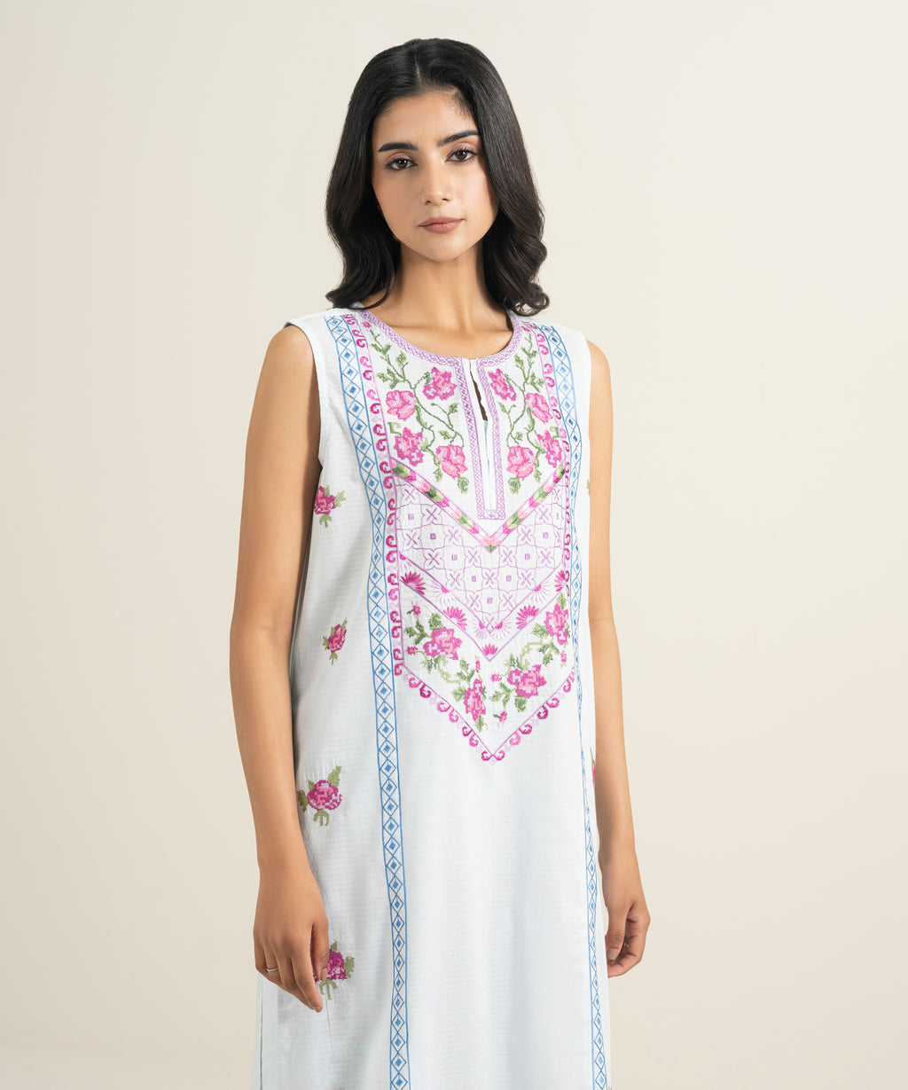 Women's RTW Dobby Embroidered Blue Straight Shirt