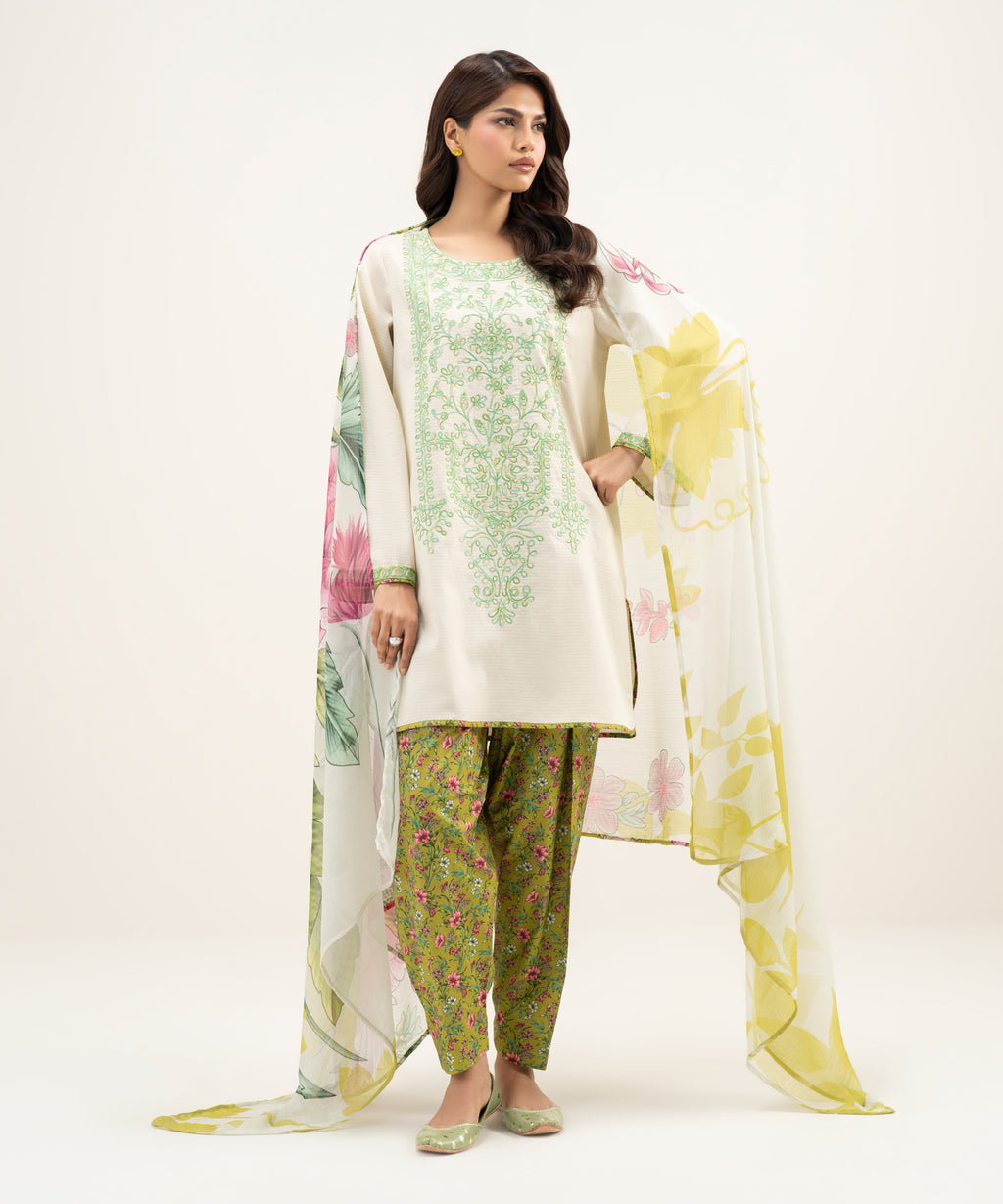 3 Piece - Embroidered Dobby Suit