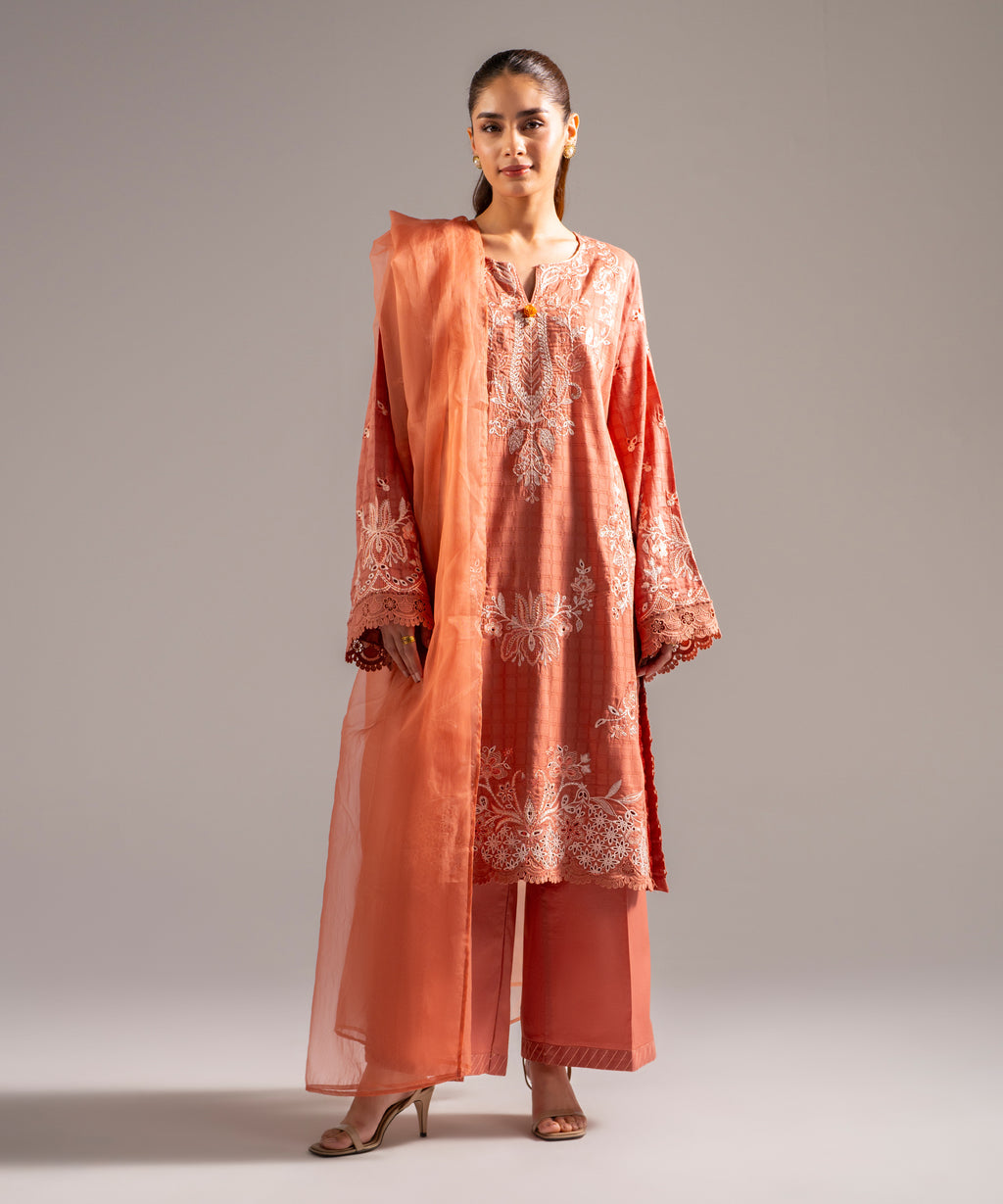 Women's RTW Dobby Embroidered Coral 3 Piece Suit
