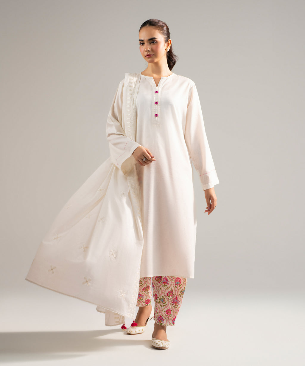 Women's RTW Dobby Solid Off White 3 Piece Suit