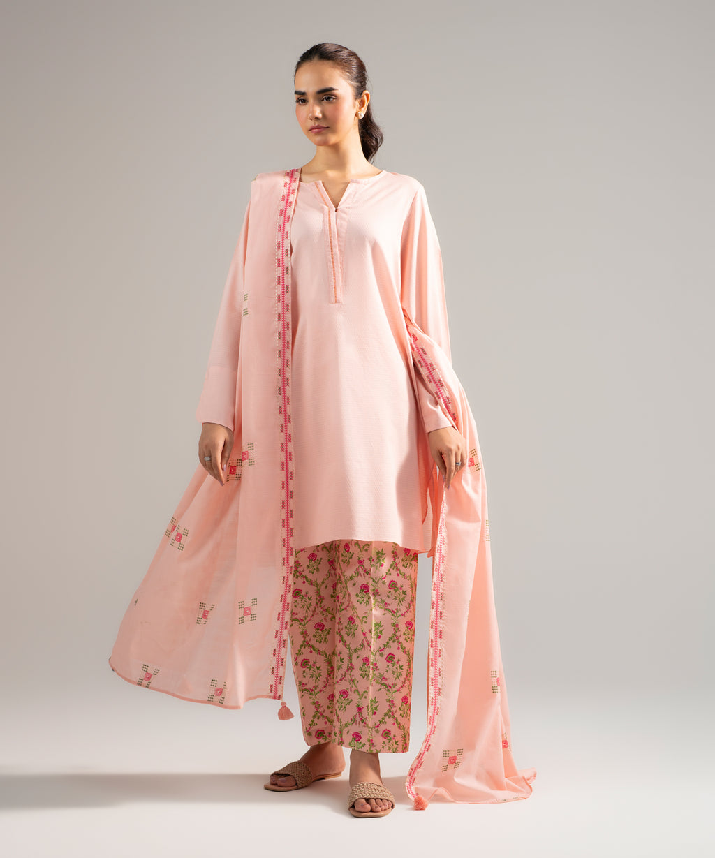 Women's RTW Dobby Solid Pink 3 Piece Suit