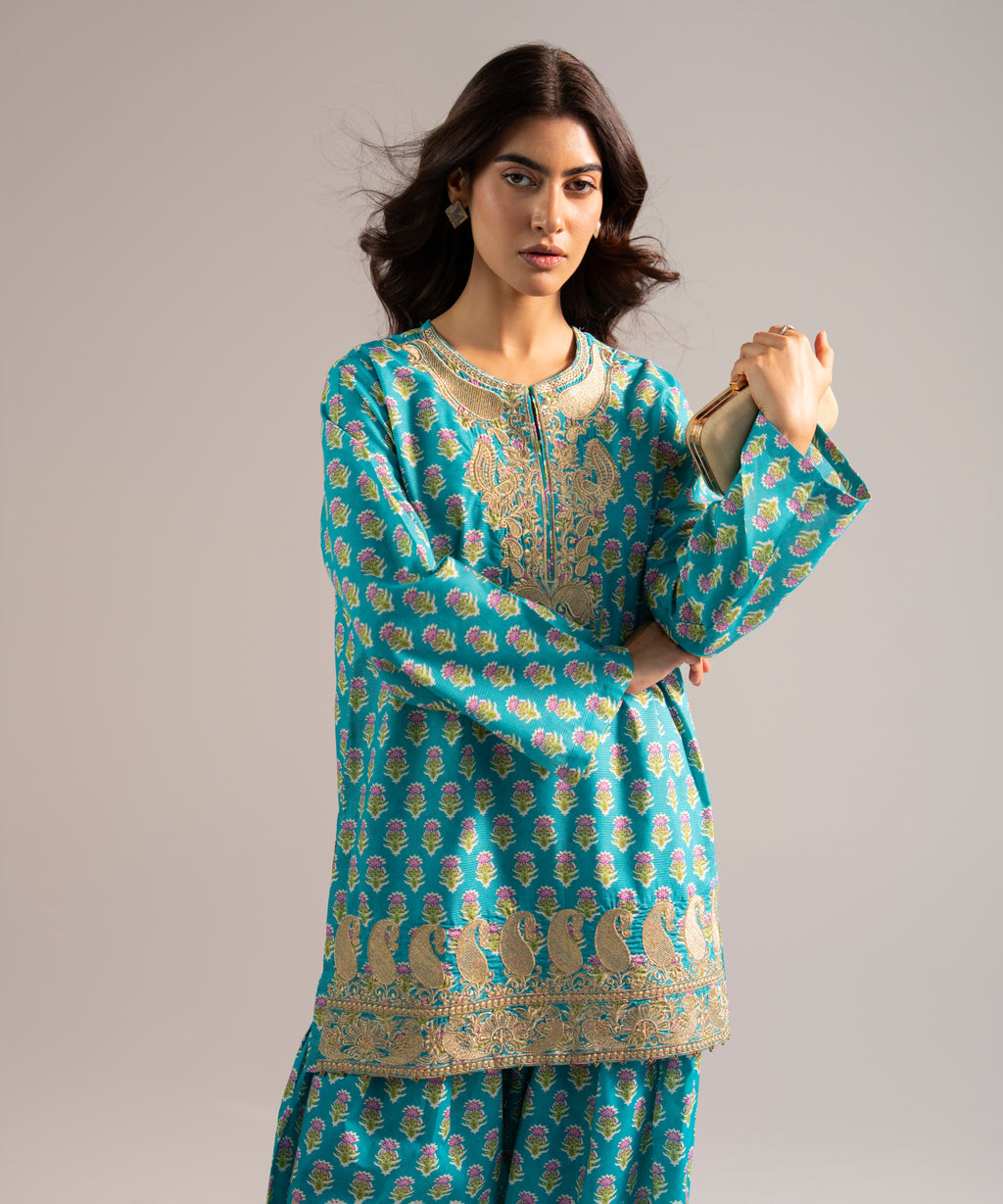 Women's RTW Zari Lawn Embroidered Turquoise Straight Shirt