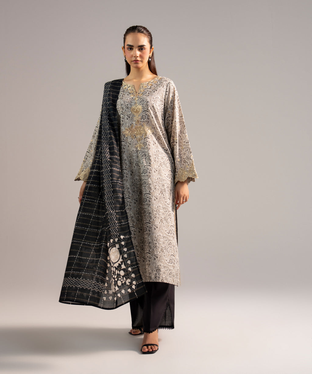 Zari Lawn Printed Black Dupatta