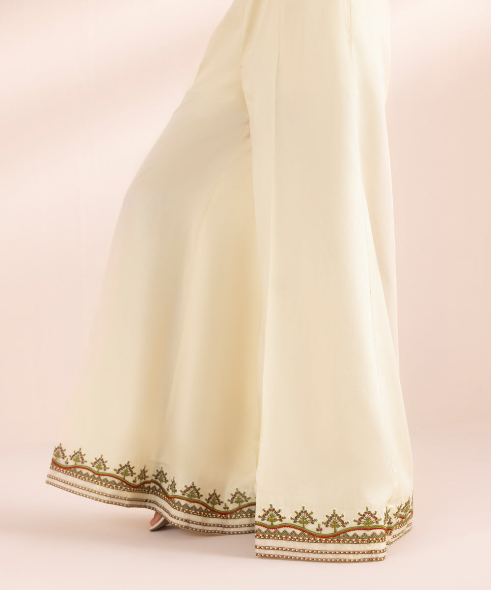 Women's Pret Luxury Satin Off White Embroidered Sharara