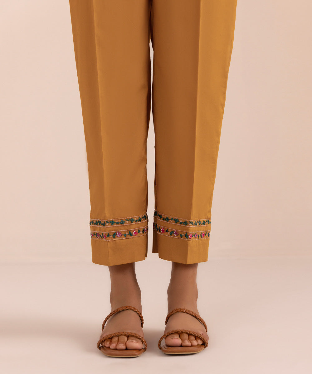 Women's Pret Cambric Yellow Embroidered Straight Pants