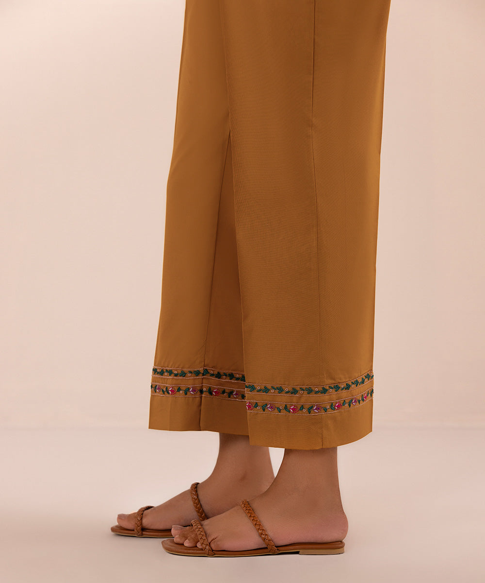 Women's Pret Cambric Yellow Embroidered Straight Pants