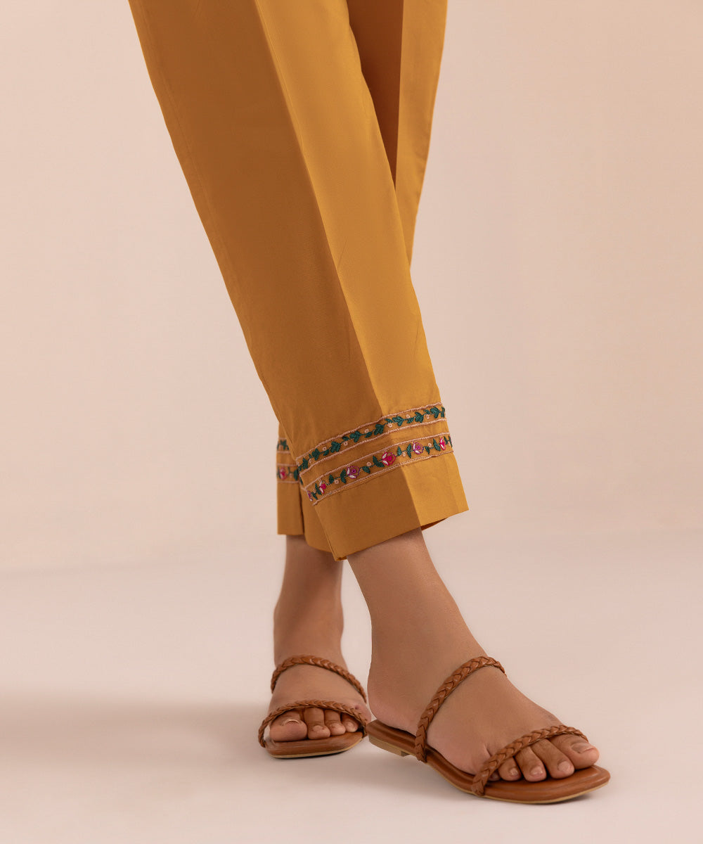 Women's Pret Cambric Yellow Embroidered Straight Pants