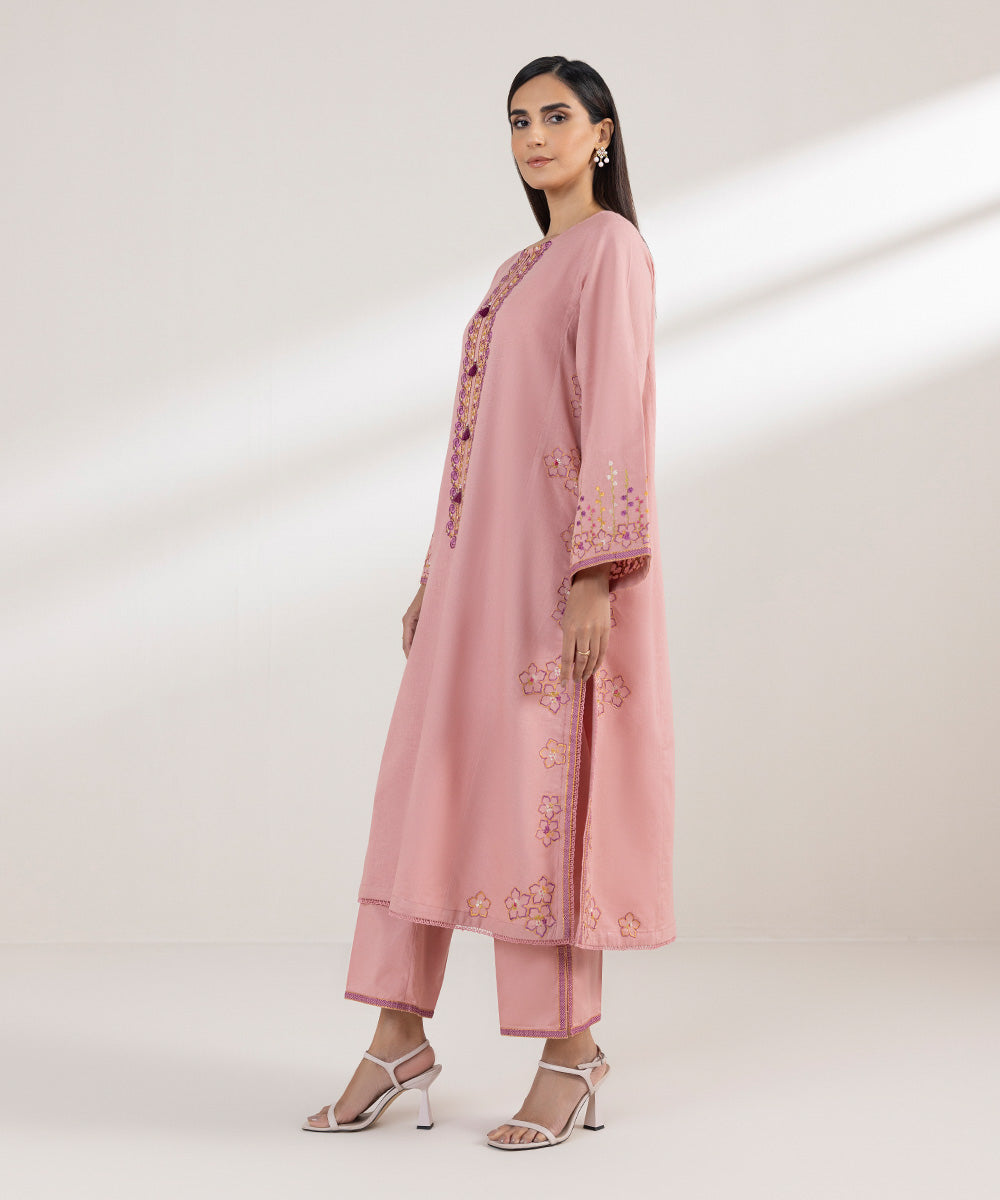 Women's Pret Cotton Linen Embroidered Pink A-Line Shirt