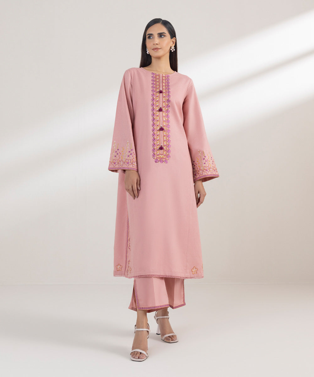 Women's Pret Cotton Linen Embroidered Pink A-Line Shirt