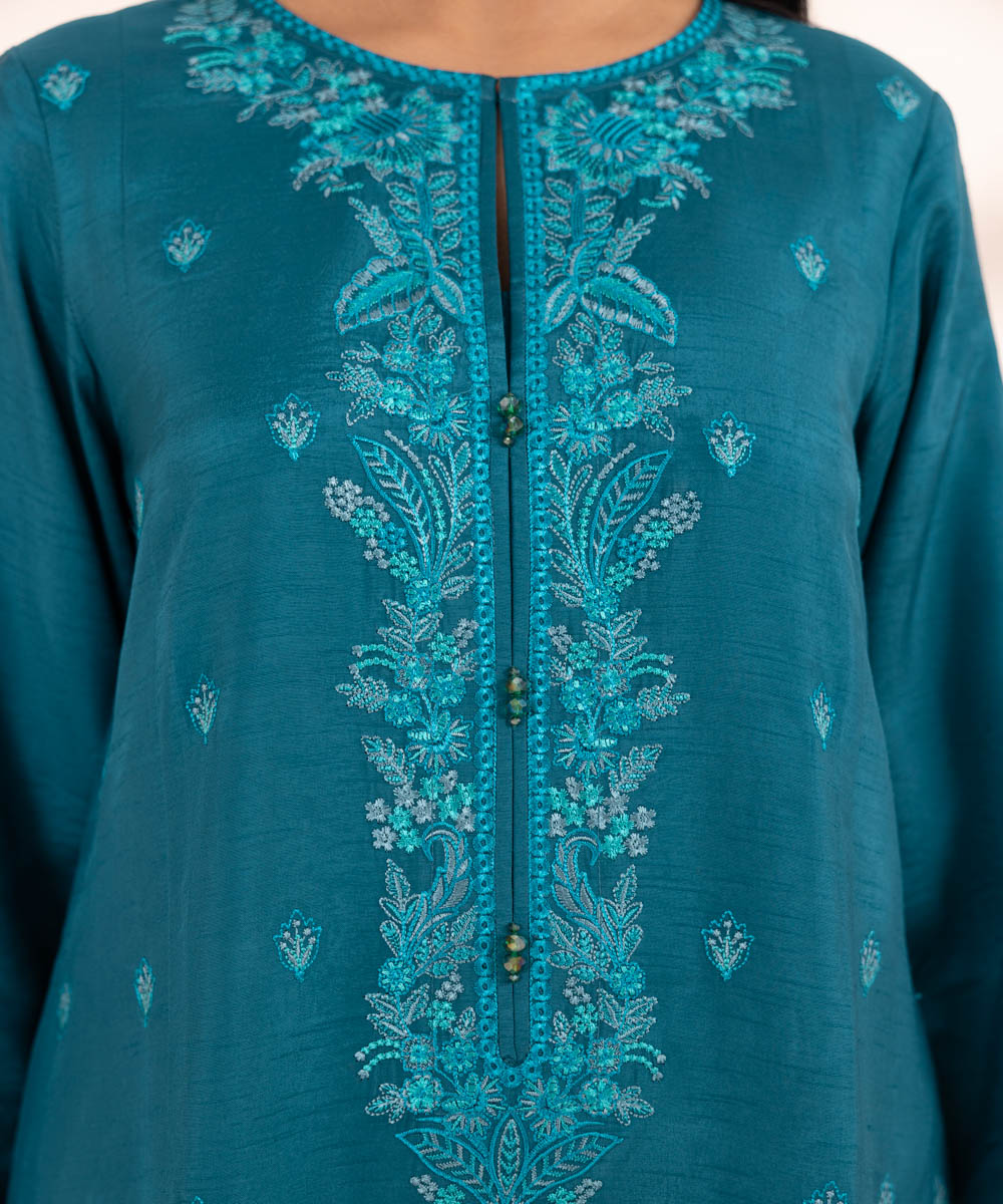 Women's Pret Raw Silk Embroidered Blue 3 Piece Suit