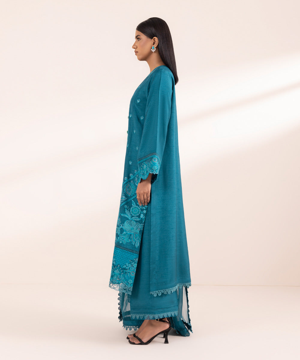 Women's Pret Raw Silk Embroidered Blue 3 Piece Suit