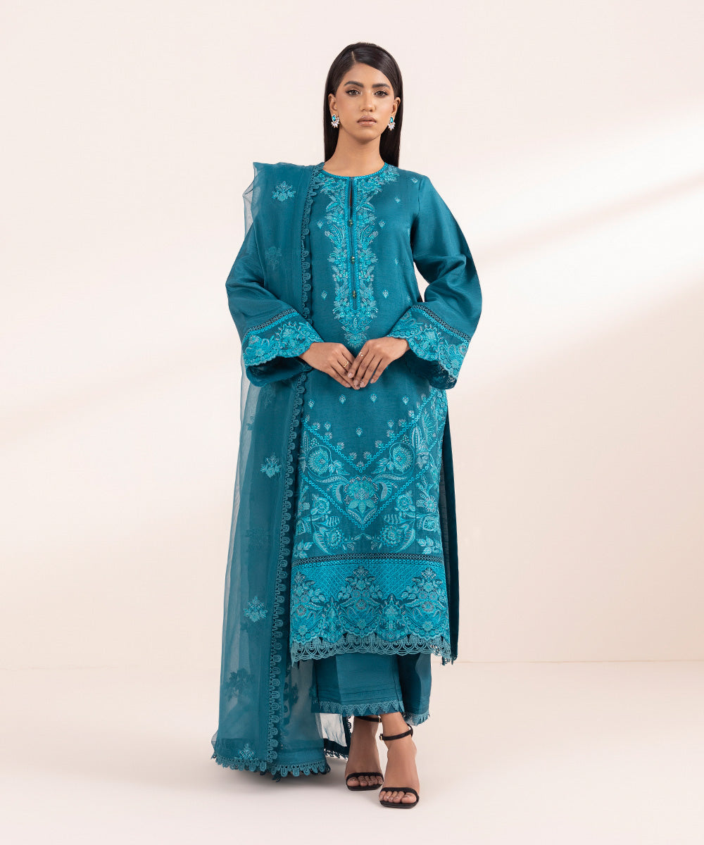 Women's Pret Raw Silk Embroidered Blue 3 Piece Suit