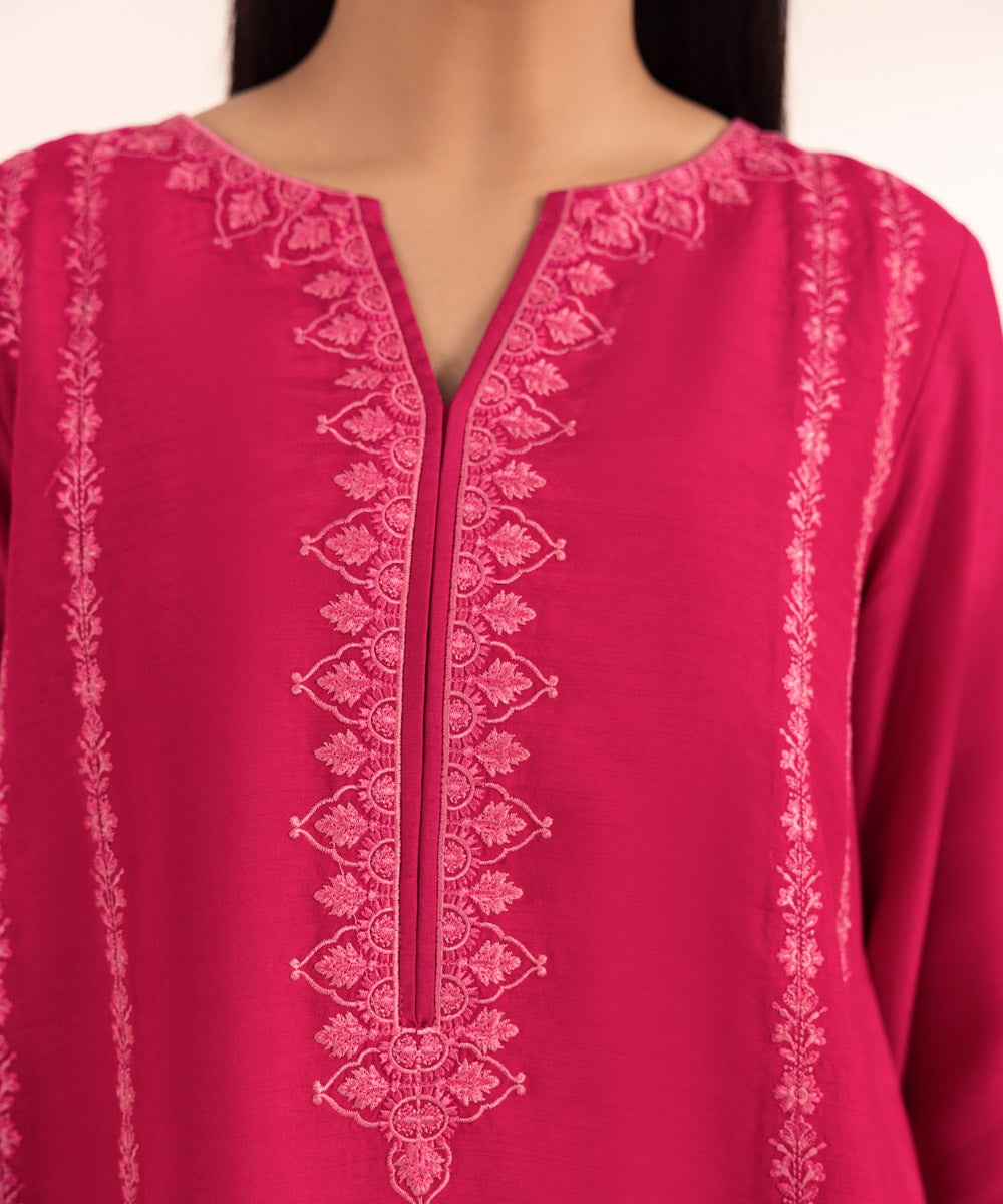 Women's Pret Raw Silk Embroidered Pink 3 Piece Suit