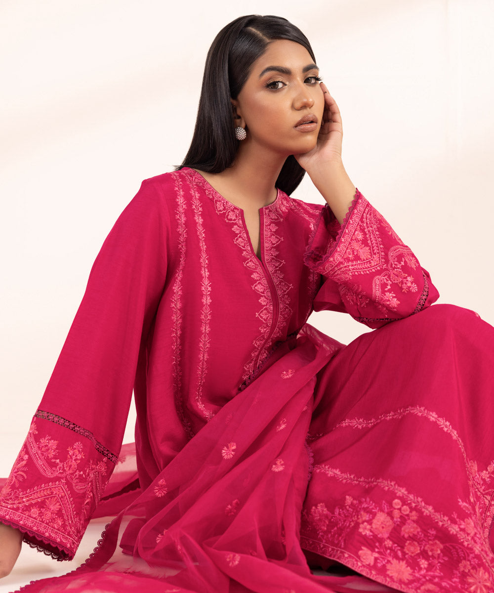 Women's Pret Raw Silk Embroidered Pink 3 Piece Suit