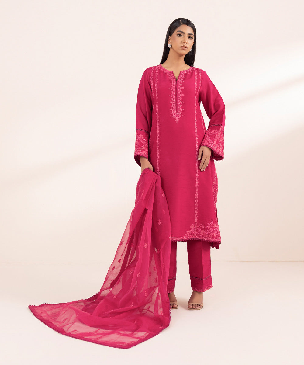 Women's Pret Raw Silk Embroidered Pink 3 Piece Suit