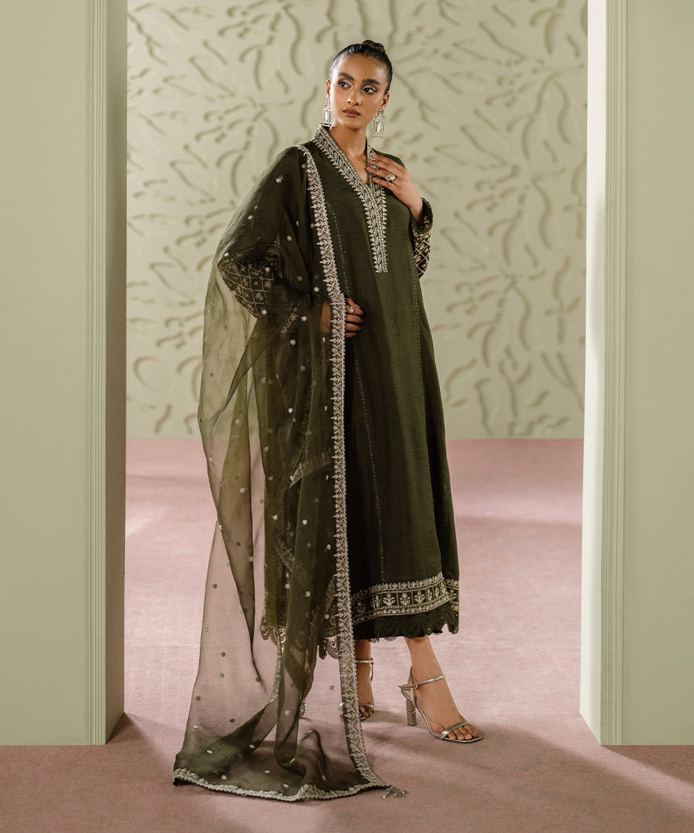 Women's Pret Raw Silk Embroidered Green 3 Piece Suit