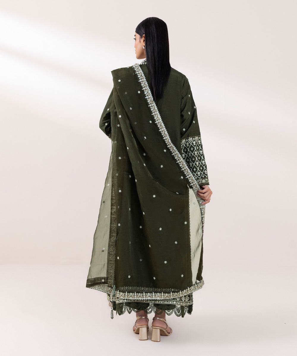 Women's Pret Raw Silk Embroidered Green 3 Piece Suit