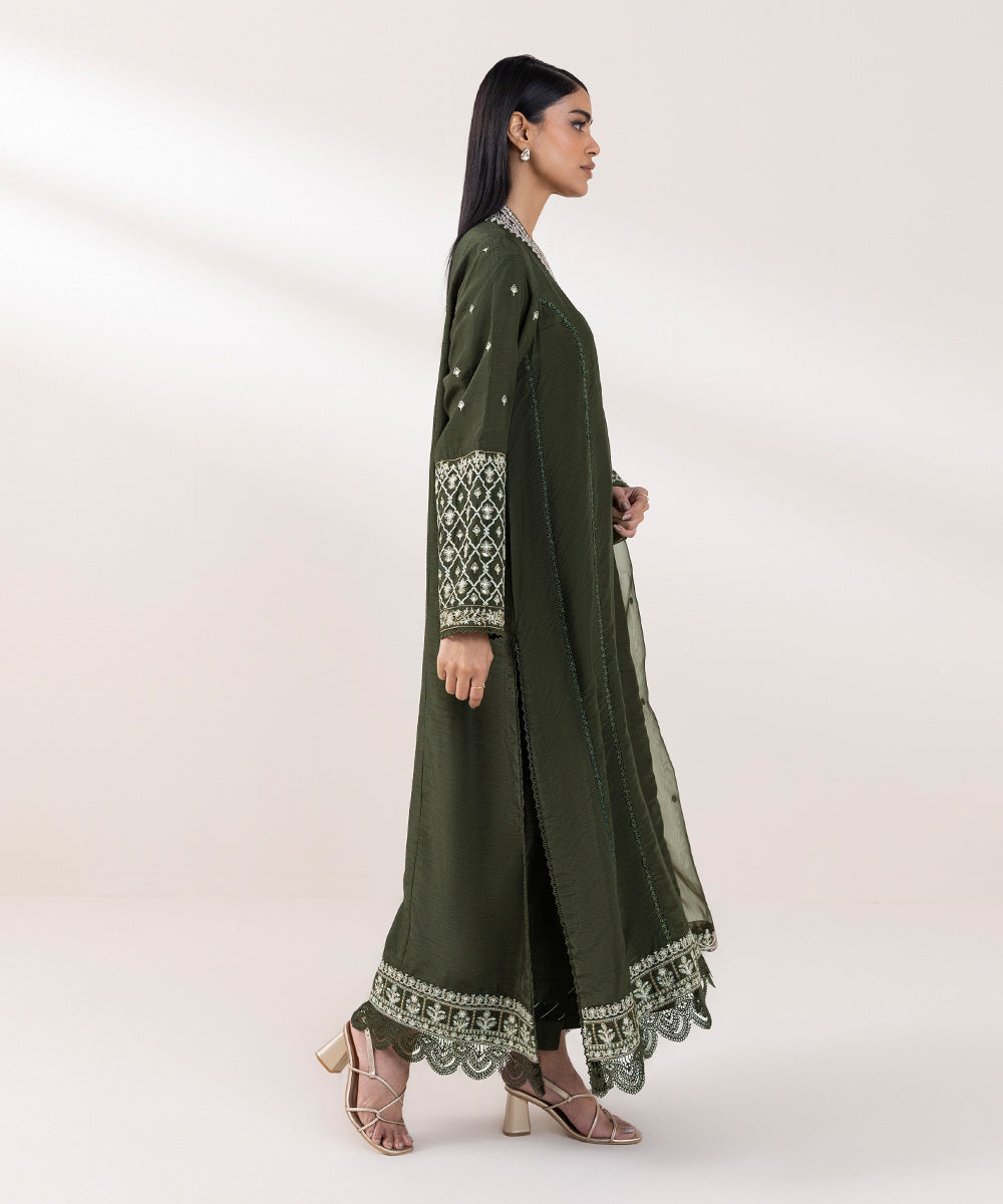 Women's Pret Raw Silk Embroidered Green 3 Piece Suit