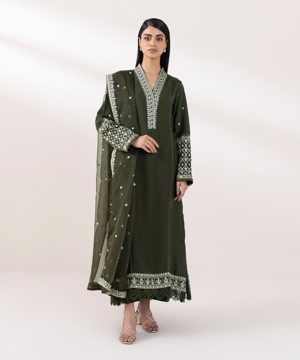 Women's Pret Raw Silk Embroidered Green 3 Piece Suit