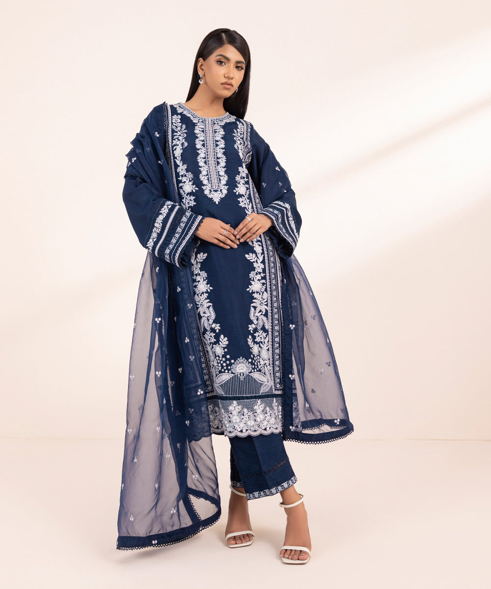 Women's Pret Raw Silk Embroidered Blue 3 Piece Suit