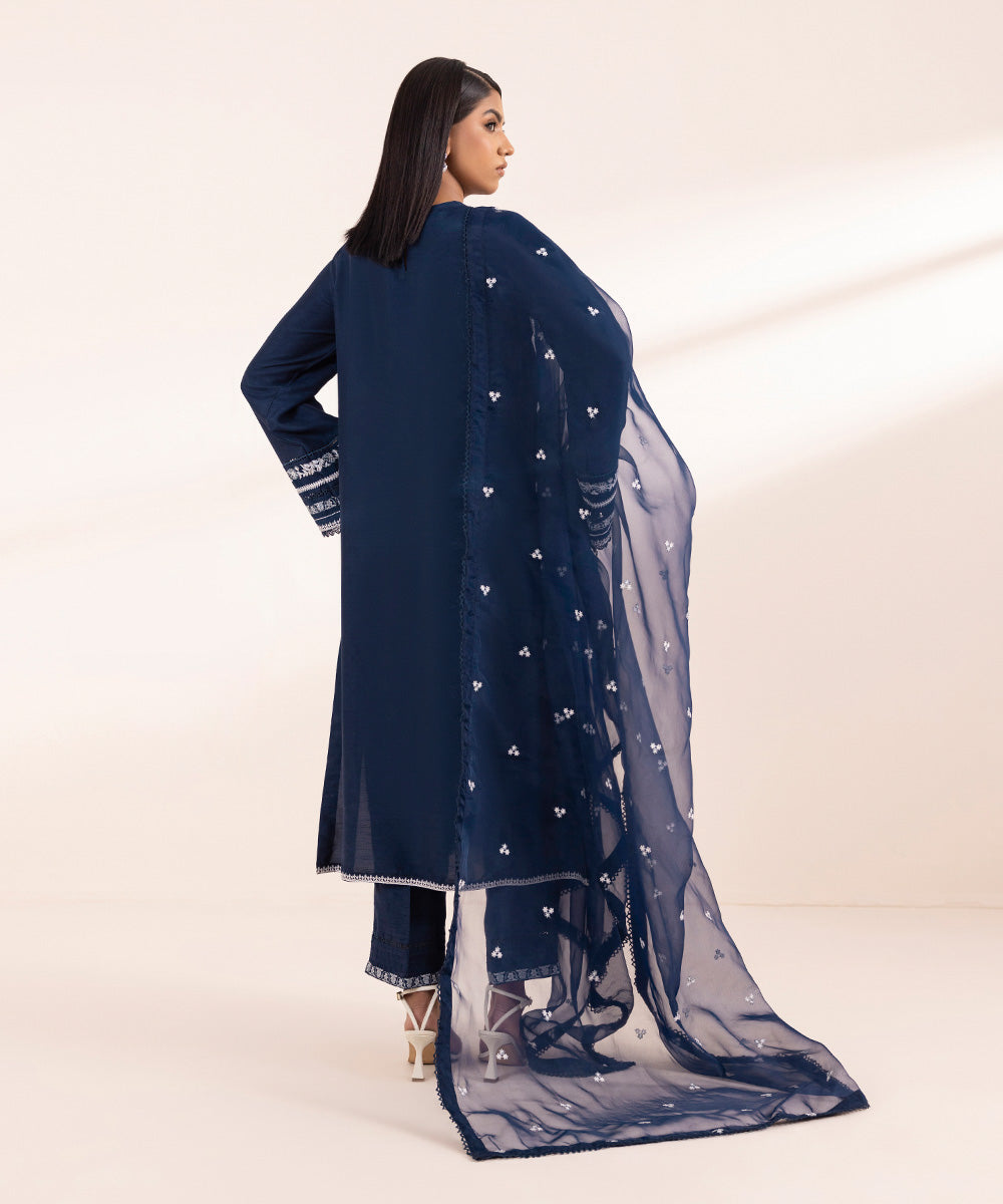 Women's Pret Raw Silk Embroidered Blue 3 Piece Suit