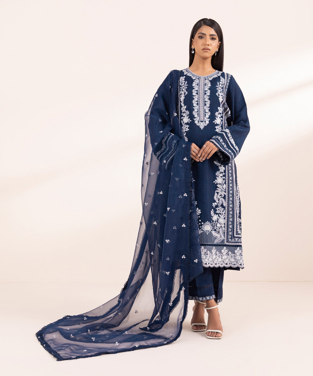 Women's Pret Raw Silk Embroidered Blue 3 Piece Suit