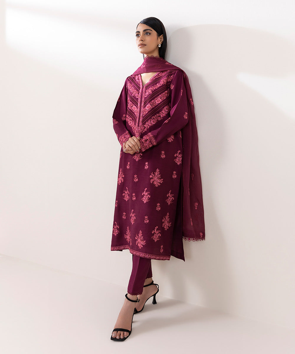 Women's Pret Raw Silk Embroidered Pink 3 Piece Suit