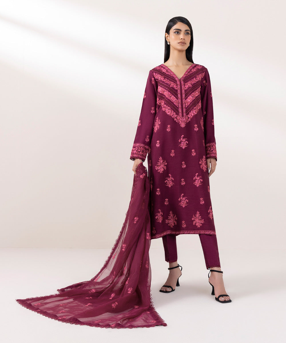 Women's Pret Raw Silk Embroidered Pink 3 Piece Suit