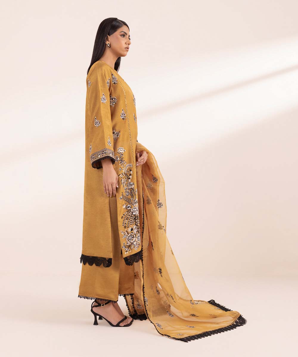 Women's Pret Raw Silk Embroidered Brown 3 Piece Suit