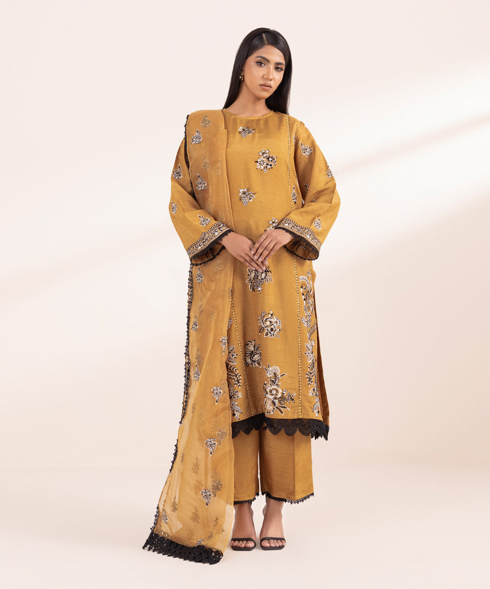 Women's Pret Raw Silk Embroidered Brown 3 Piece Suit