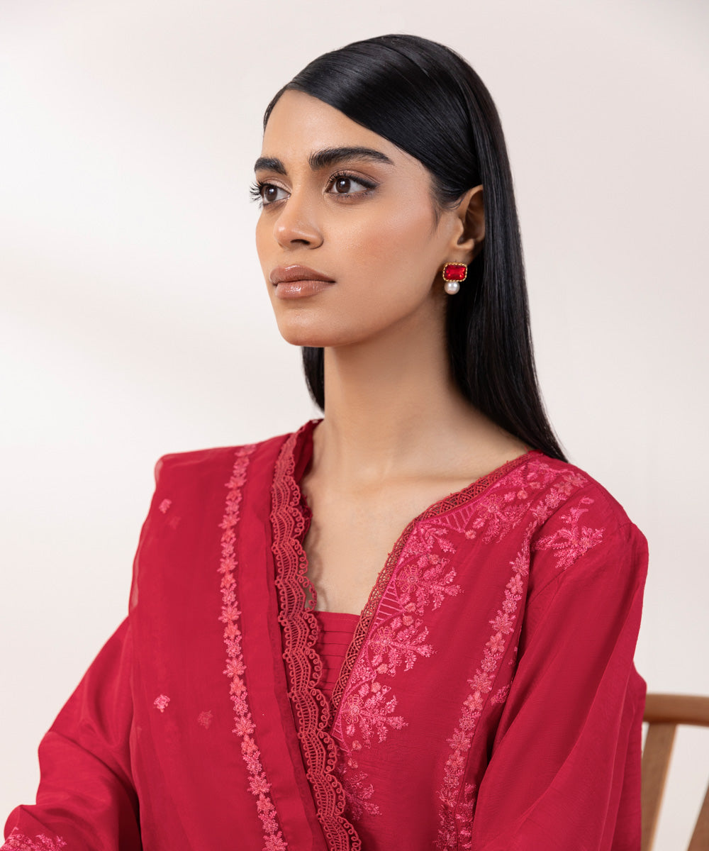 Women's Pret Raw Silk Embroidered Red 3 Piece Suit