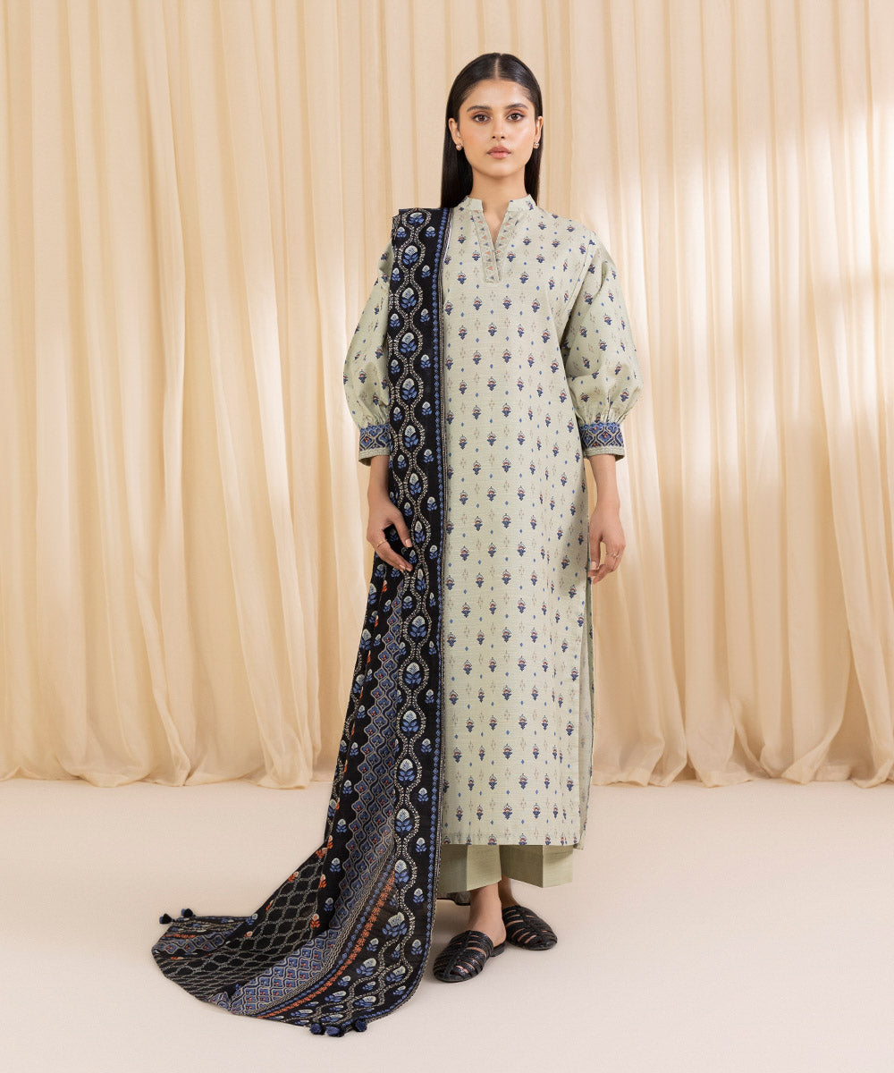 Women's Unstitched Printed Classic Gray Khaddar Three Piece Suit