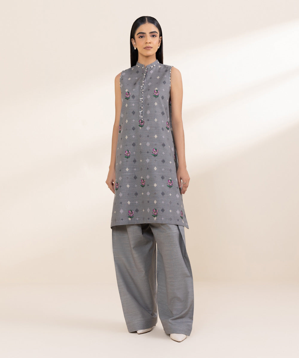 Women's Unstitched Printed Grey Khaddar Shirt and Trousers