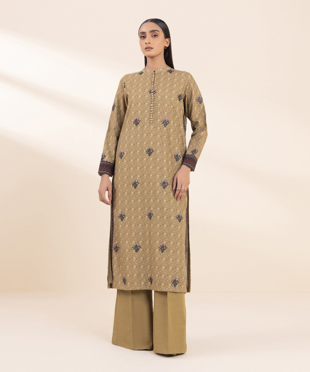 Women's Unstitched Embroidered Fawn Khaddar Shirt and Trousers