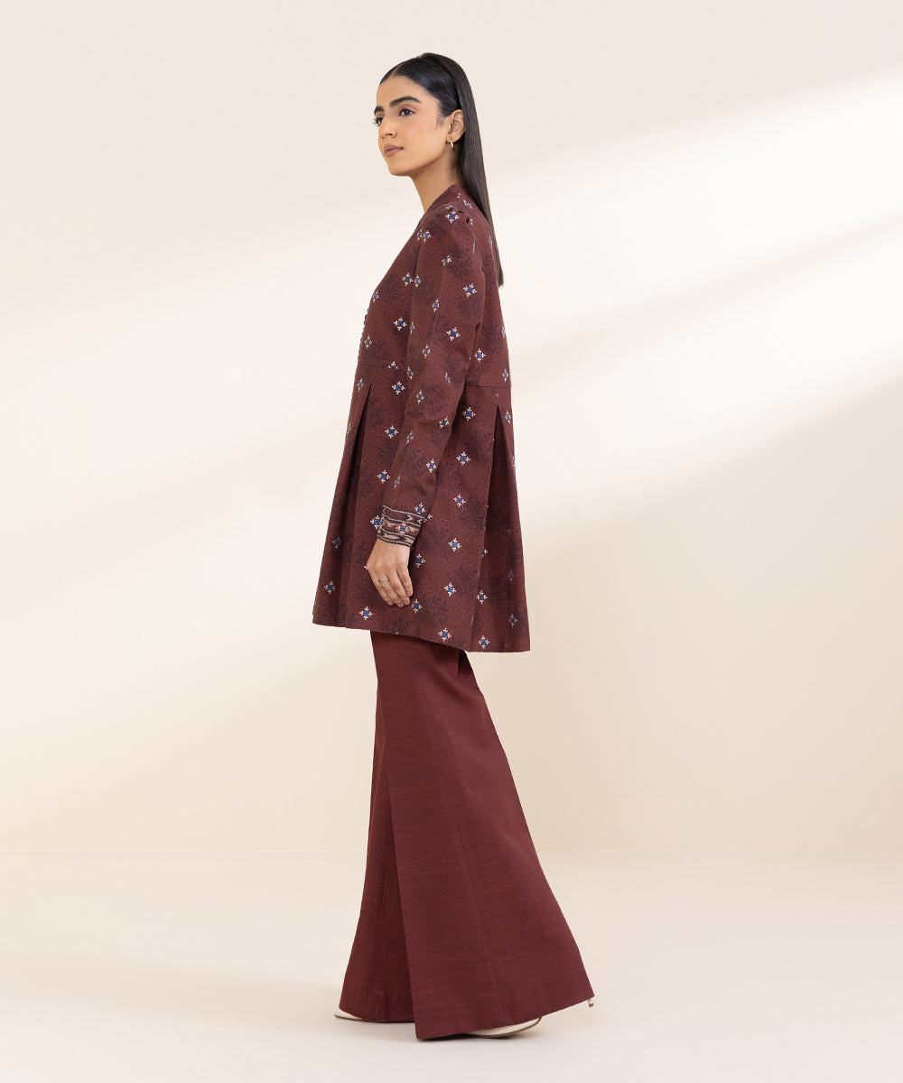 Women's Unstitched Embroidered Maroon Khaddar Shirt and Trousers