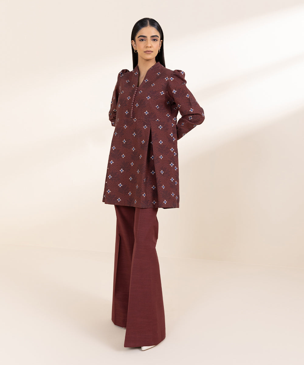 Women's Unstitched Embroidered Maroon Khaddar Shirt and Trousers