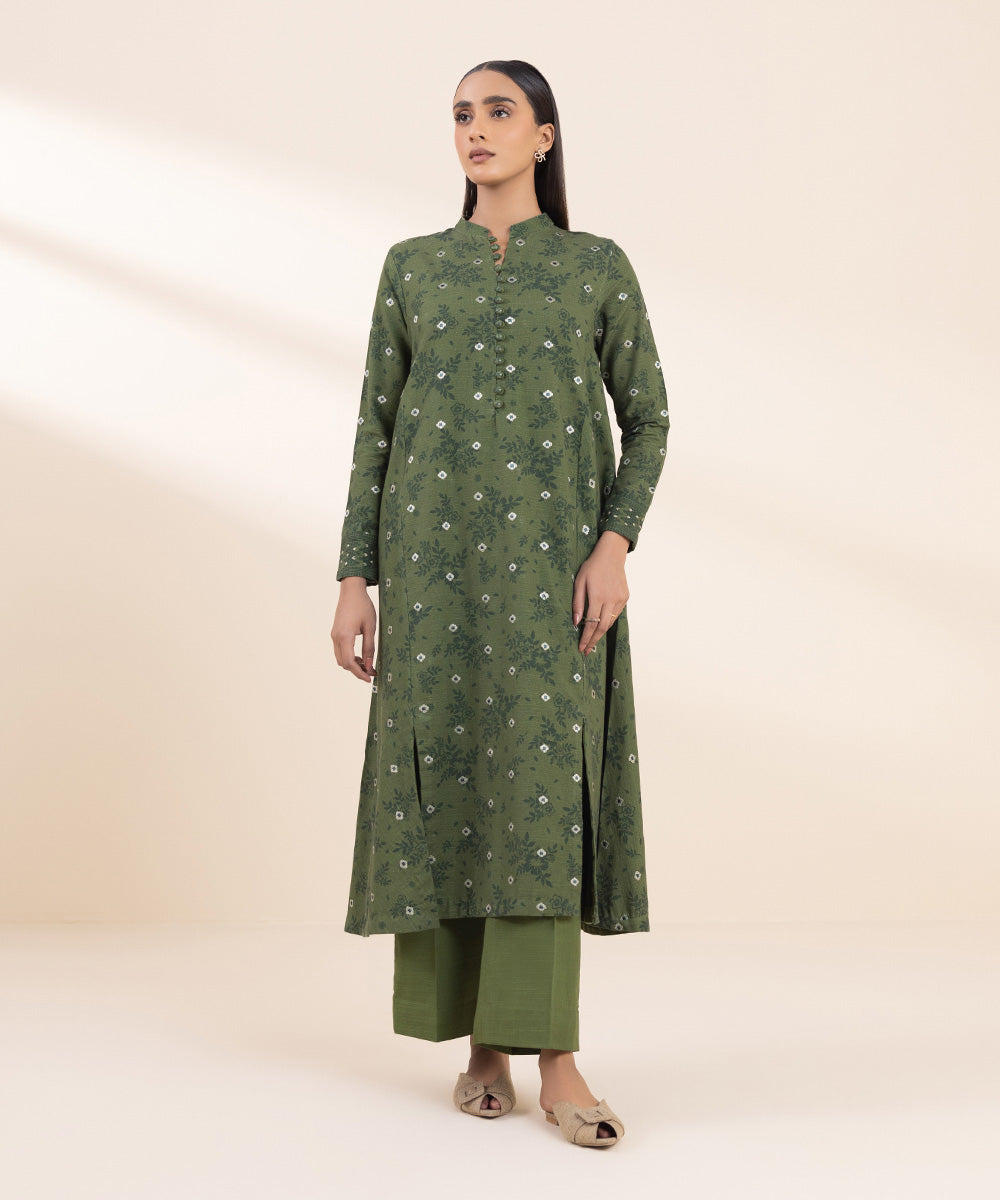 Women's Unstitched Embroidered Moss Green Khaddar Shirt and Trousers