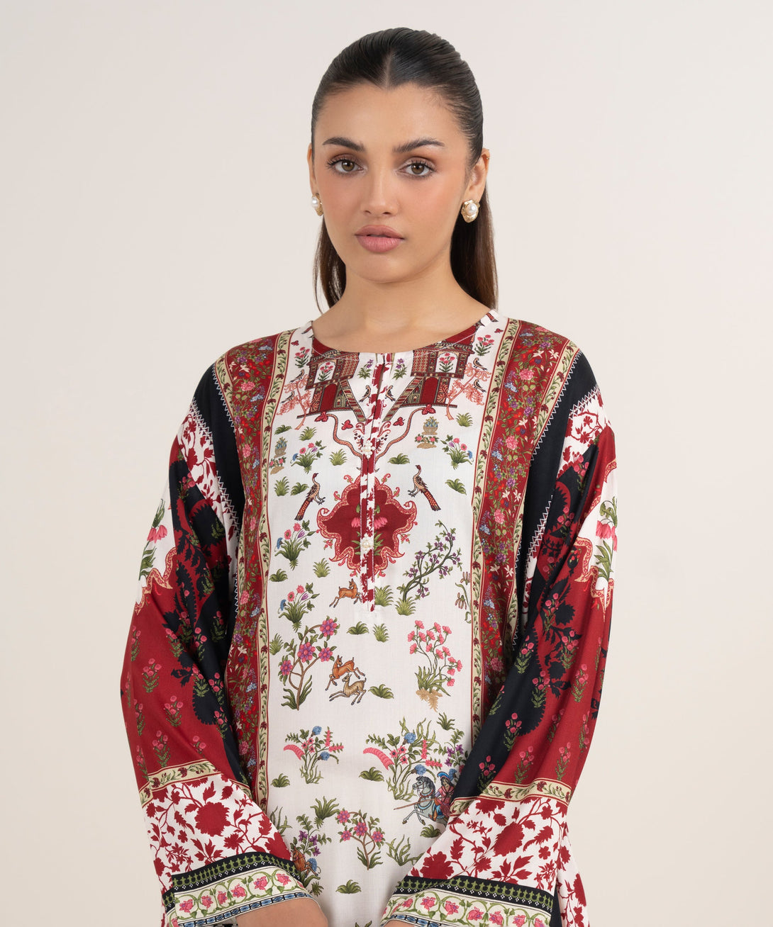 Women's RTW Arabic Lawn Maroon Printed Drop Shoulder Shirt