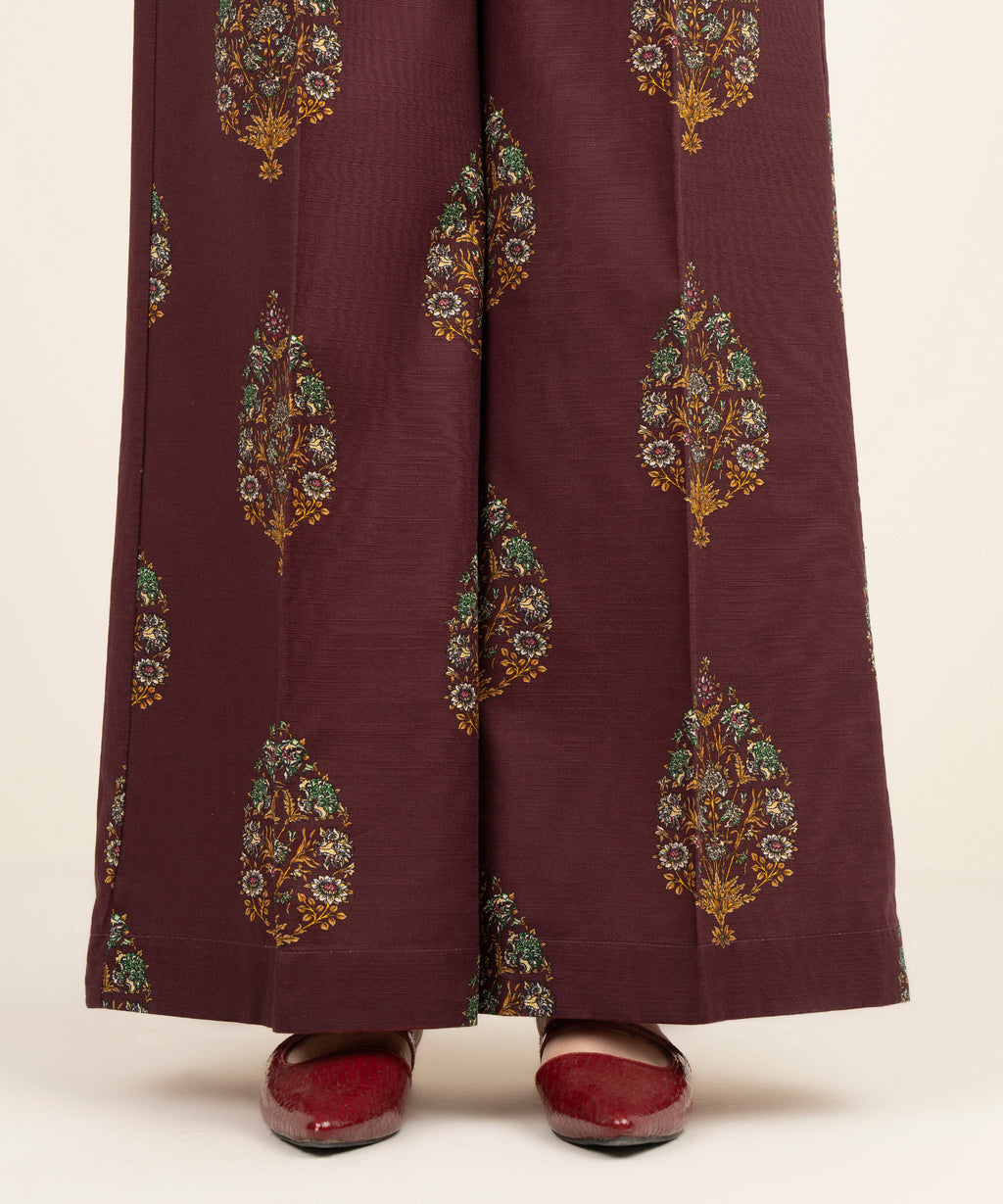 Women's RTW Light Khaddar Red Printed Flared Pants