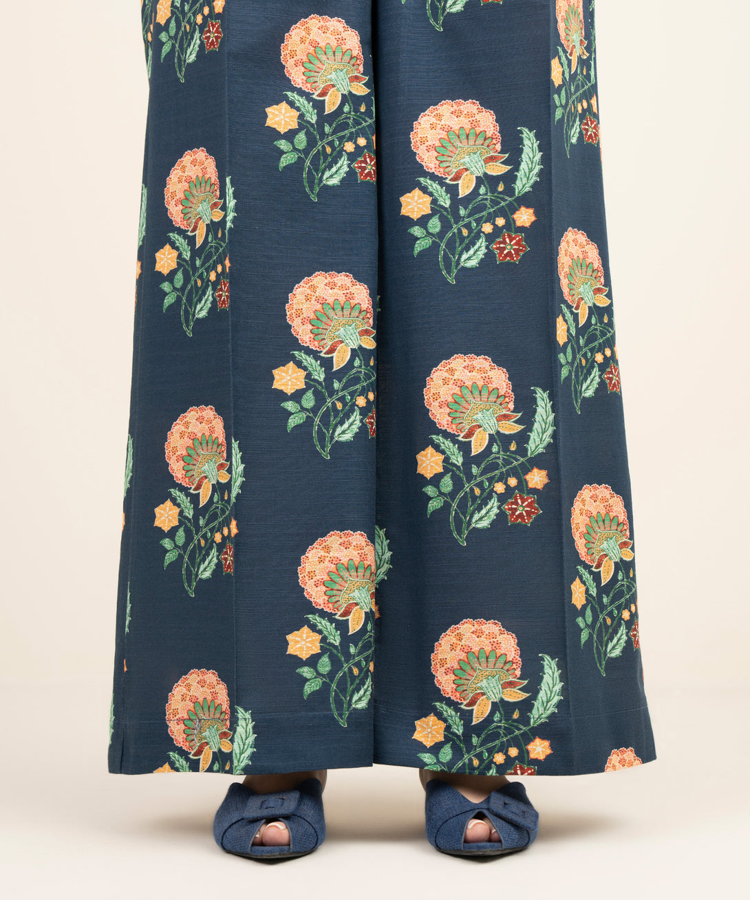Women's RTW Light Khaddar Blue Printed Flared Pants
