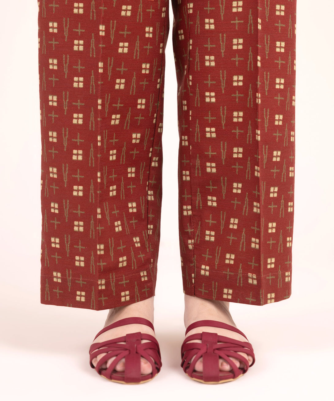 Women's RTW Khaddar Printed Maroon Straight Pants