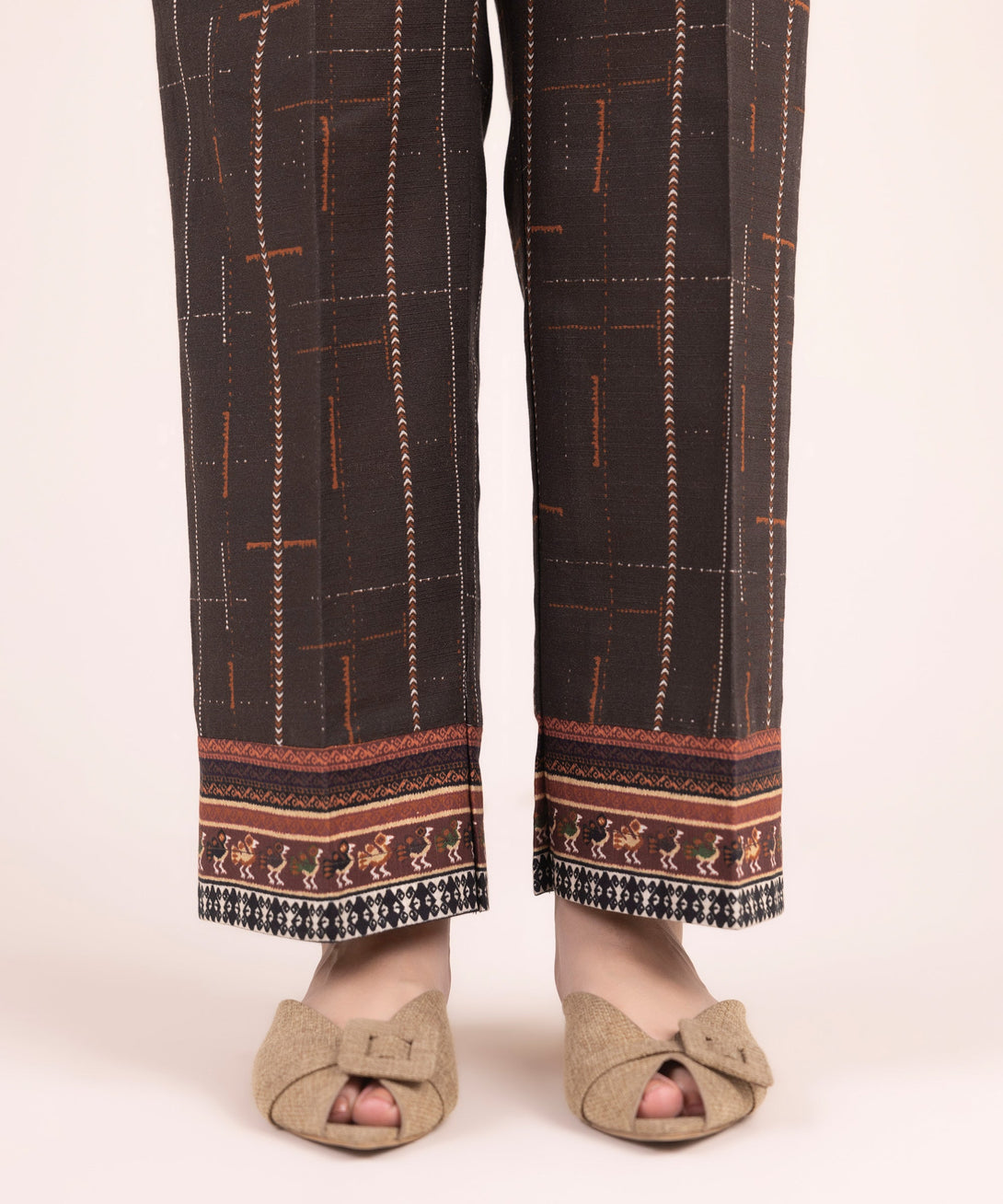 Women's RTW Khaddar Printed Brown Straight Pants