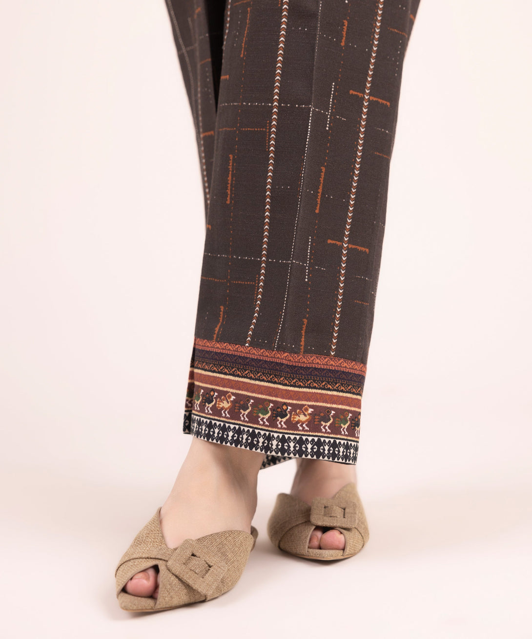Women's RTW Khaddar Printed Brown Straight Pants